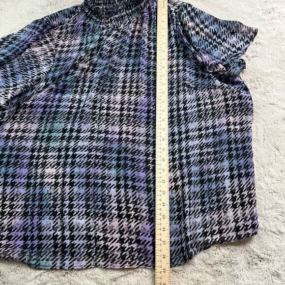 Torrid Chiffon Blouse Womens Size 3X Houndstooth High Neck Purple Sheer Smocked - Picture 7 of 9